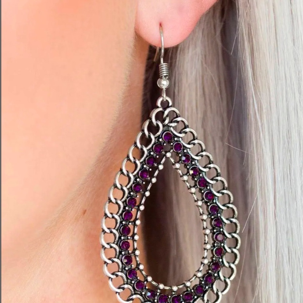 Silver tear drop earrings with purple stones. Fish hook back . NWT.